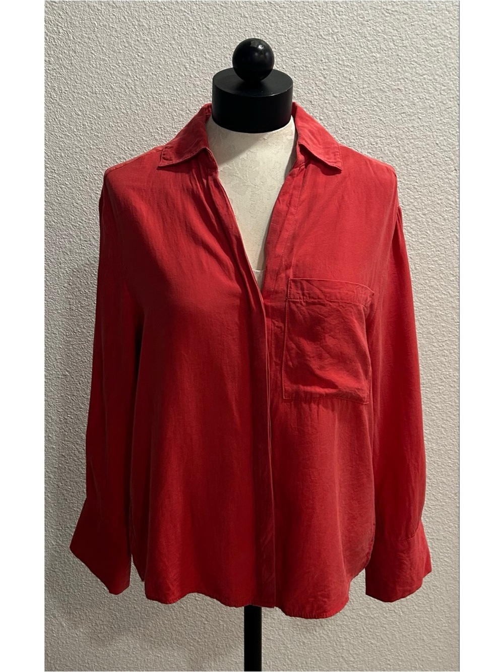 MNG by Mango Button Down Blouse Size XS Coral Red Lyocell Shirt Hidden Buttons